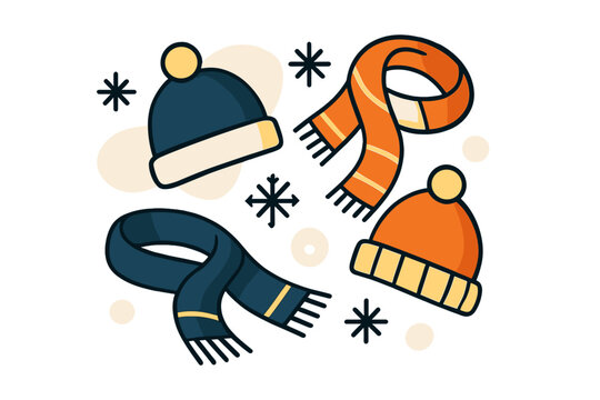 Cozy Winter Flat Lay. Winter wardrobe flat lay. Assorted beanies and scarves, abstract floating snowflakes,