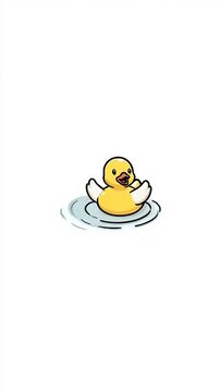 Cute Yellow Duck Floating on Water with Ripples in a White Background.