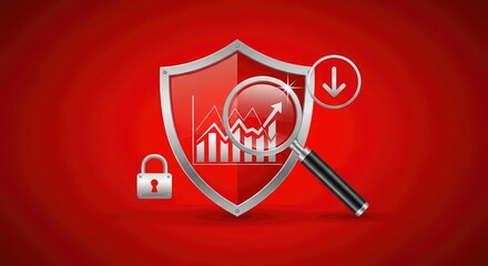 Shield with magnifying glass showing data analysis on a red background