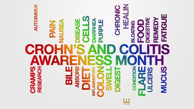 crohn's and colitis awareness month concept Animated Tag Word Cloud kinetic typography, Text Design Animation typography seamless loop video motion graphics Intro, Wordart rainbow type on white bg