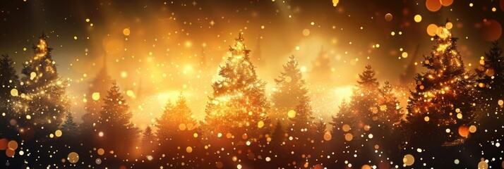 A winter scene with snow-covered evergreen trees illuminated by warm golden lights. Soft snowflakes fall gently, a magical atmosphere, horizontal banner, copy space, free space for text