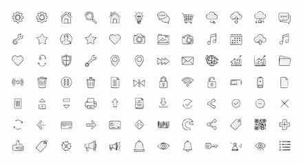 Collection of hand drawn style icons including settings, home, search, lightbulb and other symbols