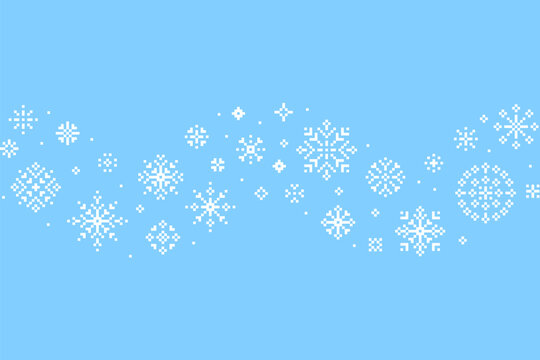 White pixel snowflake seamless pattern on light blue background