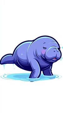 Cute Cartoon Manatee Swimming in Blue Water Adorable Marine Mammal Illustration.