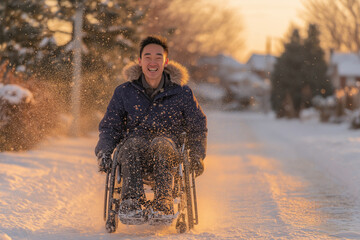An asian man experiences pure joy as they navigate through a snowy landscape in a wheelchair, evoking a sense of liberation and embracing winter's charm.