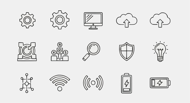 Collection of various technology and business related icons in a clean line art style format
