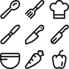 A bold set of kitchen utensil icons including spoon, knife, peeler, chef hat, and bowl. Great for food blogs, restaurant branding, and cooking tutorials.