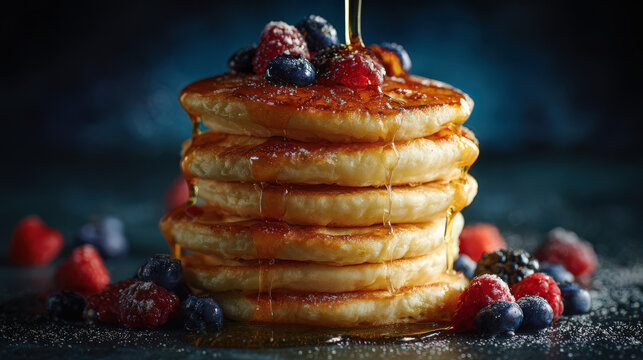 fluffy vegan pancakes with maple syrup and berries on dark background