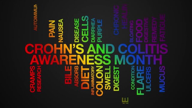 crohn's and colitis awareness month concept Animated Tag Word Cloud kinetic typography, Text Design Animation typography seamless loop video motion graphics Intro, Wordart rainbow type on black bg