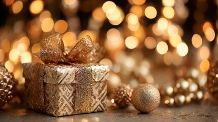 Christmas gift box and trinkets on a background of unfocused golden lights