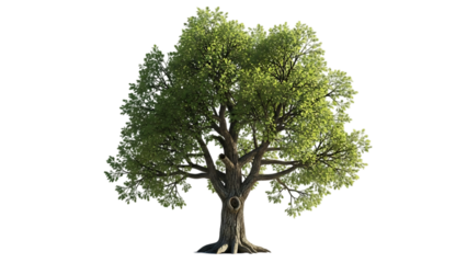 A large, mature tree with a thick trunk and a full canopy of green leaves, isolated on white.