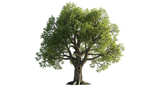 A large, mature tree with a thick trunk and a full canopy of green leaves, isolated on white. - Powered by Adobe