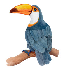 Fototapeta premium Watercolor illustration of tropical toco toucan with bright yellow beak sitting on wooden branch, isolated on white. Exotic bird clipart for wildlife designs, educational materials or textile prints.