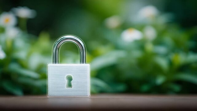 Secure serenity: A close-up shot of a pristine, white padlock rests serenely against a softly blurred backdrop of lush foliage, evoking a sense of tranquil security and private sanctuary.