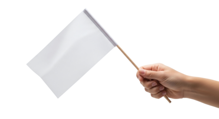 Hand holding a small white flag, often used to signal surrender, peace, or a new beginning, against a clean white backdrop, isolated on transparent background
