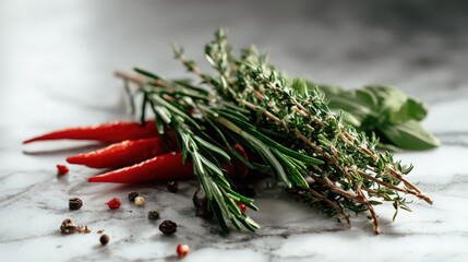 clean stack of fresh herbs and spices on isolated background