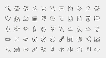 Collection of hand drawn interface icons featuring settings, user, shopping cart and other common symbols