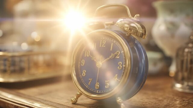 a blue alarm clock on a wooden table, illuminated by warm sunlight. This alarm clock's design and the sunlight create a nostalgic and inviting atmosphere.