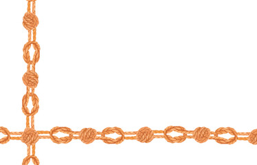 Hand-painted watercolor corner frame made of twisted ropes with sailor knots isolated on white. Nautical braided vintage clipart border in rustic style for marine-themed designs, invitations, cards.