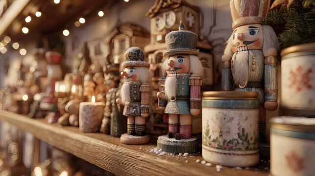 Whimsical collection of festive nutcrackers and holiday decorations displayed on a wooden shelf.