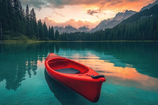Red kayak on a serene turquoise lake, framed by majestic pine forests and mountains, under a stunning sunset sky.