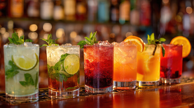 colorful cocktails on a bar in vibrant nanobanana style