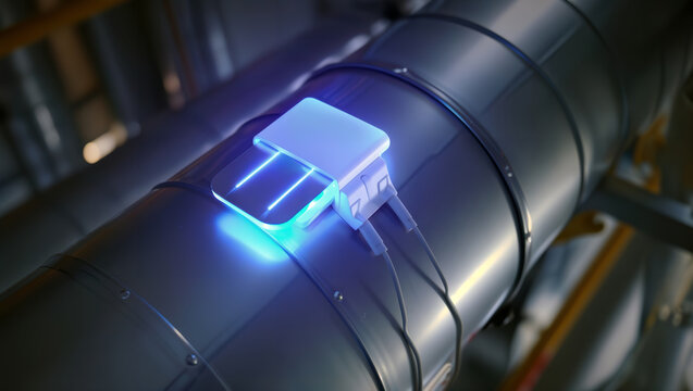 Blue illuminated sensor device attached to metal duct indoors.