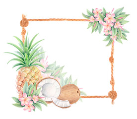 Watercolor tropical rope frame with pineapple, coconut and plumeria flowers isolated on white. Exotic fruits botanical square border with frangipani for summer designs, cards, invitations or packaging