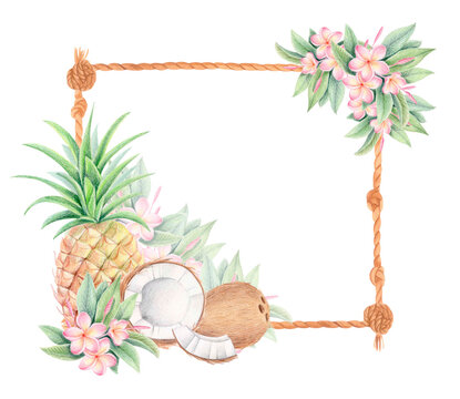 Watercolor tropical rope frame with pineapple, coconut and plumeria flowers isolated on white. Exotic fruits botanical square border with frangipani for summer designs, cards, invitations or packaging