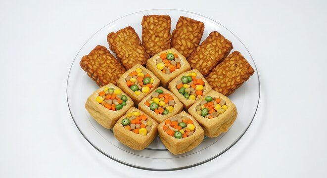 Tahu sumedang filled with vegetables and tempeh isolated on white background