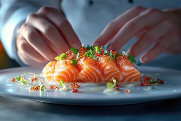 A chef's hands meticulously garnish fresh salmon slices with vibrant red caviar and delicate microgreens, creating an elegant, gourmet culinary presentation.