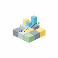 Isometric 3D bar chart representing financial growth and positive business trends with an upward trending arrow
