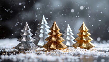 Metallic Origami Christmas Trees in Winter Glow
