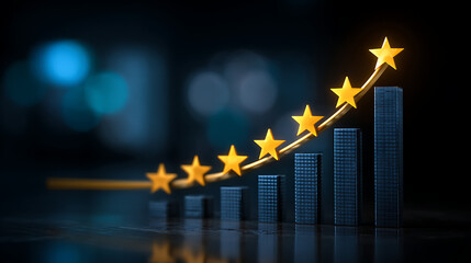Rating evaluation and performance improvement concept with glowing stars on a bar chart