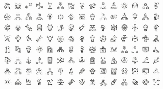Collection of hand drawn business concept icons and symbols in doodle style on a white background view