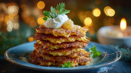 potato pancakes latkes with sour cream and apple sauce