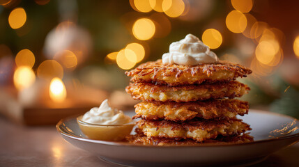potato pancakes latkes with sour cream and apple sauce