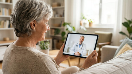 Smiling Senior Woman Using Tablet for Online Video Consultation with Doctor at Home