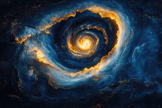 A mesmerizing cosmic spiral featuring a luminous golden core surrounded by deep blue and ethereal clouds, evoking a sense of vast interstellar energy and celestial mystery.