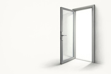An open glass door on a light background. Space for text.