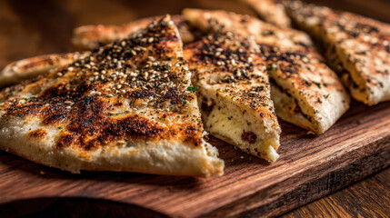 middle eastern manakish flatbread with toppings on isolated background