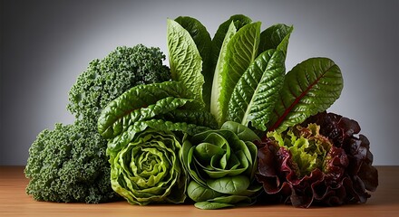 Assortment of fresh green leafy vegetables including kale lettuce and spinach on wooden surface