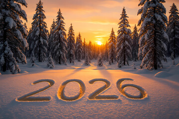 Numbers 2026. written in the snow in a snowy forest against a sunset background. New Year's card 2026.