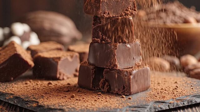 Delicious fudge cubes stack up in cinematic shots of sweets cocoa