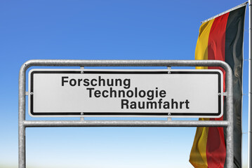 Forschung, Technologie und Raumfahrt, Metallschild mit deutscher Flagge, (Symbolbild)