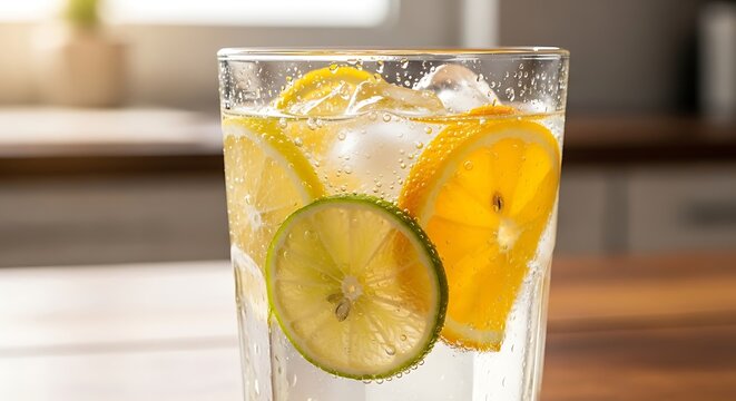 A refreshing glass of water with lemon lime and ice cubes sitting on a wooden surface indoors in daylight - Powered by Adobe