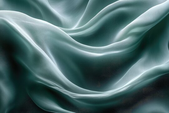 Abstract view of flowing, draped teal-green fabric with soft, undulating folds creating a luxurious, textured surface. Light illuminates the delicate curves and subtle sheerness.