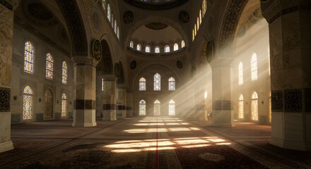 Ethereal sunbeams pierce through the vast, empty interior of a grand mosque, highlighting its intricate architecture and peaceful ambiance.