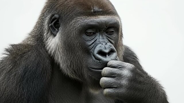 A captivating close-up portrait of a powerful lowland gorilla, its dark fur and expressive, intelligent brown eyes dominating the frame against a clean, bright background. The majestic primate initial