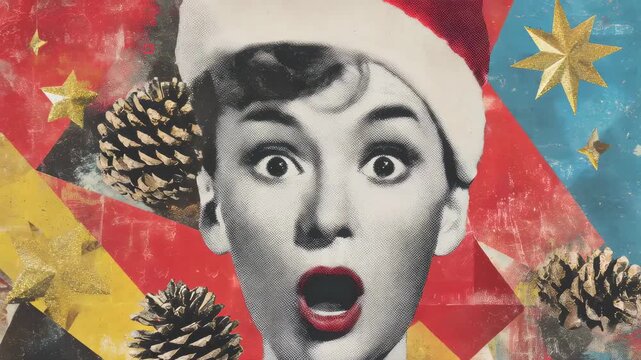 Woman in santa hat with expressive face on a festive collage background with pinecone and star elements for New Year greeting card